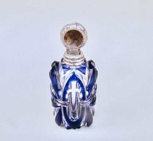 fig 3. LARGE VICTORIAN SILVER AND BRISTOL BLUE OVERLAY BOHEMIAN GLASS SCENT BOTTLE , CIRCA 1890