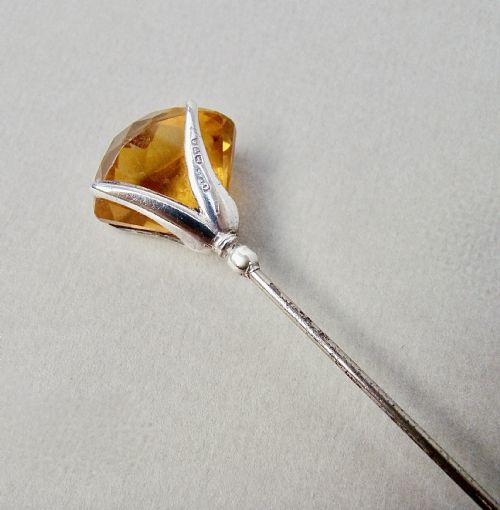 Unusual Edwardian Silver & Amber Glass Hat Pin by Charles Horner, Chester 1907