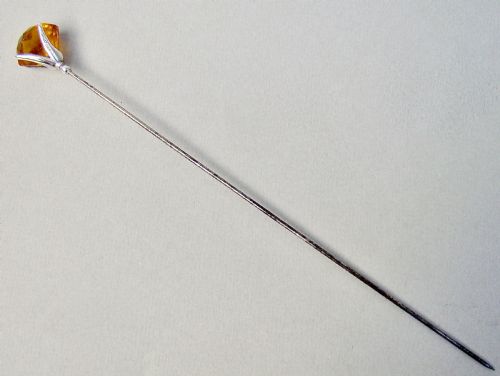 fig 1. UNUSUAL EDWARDIAN SILVER & AMBER GLASS HAT PIN BY CHARLES HORNER, CHESTER 1907