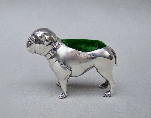 FINE EDWARDIAN SILVER PIN CUSHION MODELLED AS A BULLDOG BY ADIE LOVEKIN BIRMINGHAM 1905