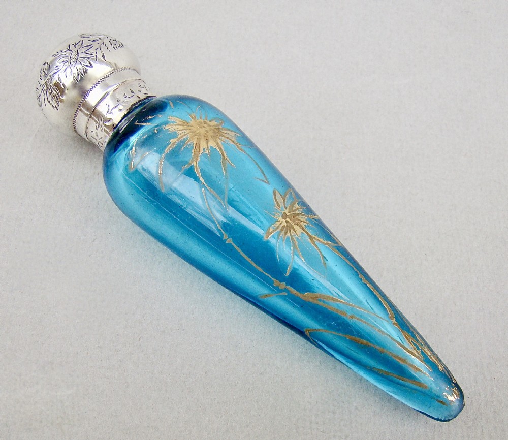 RARE VICTORIAN AESTHETIC MOVEMENT SILVER AND TURQUOISE GILT GLASS SCENT BOTTLE BY GEORGE HOWSON, BIRMINGHAM 1884
