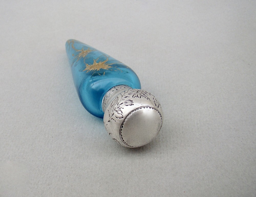 RARE VICTORIAN AESTHETIC MOVEMENT SILVER AND TURQUOISE GILT GLASS SCENT BOTTLE BY GEORGE HOWSON, BIRMINGHAM 1884
 View V