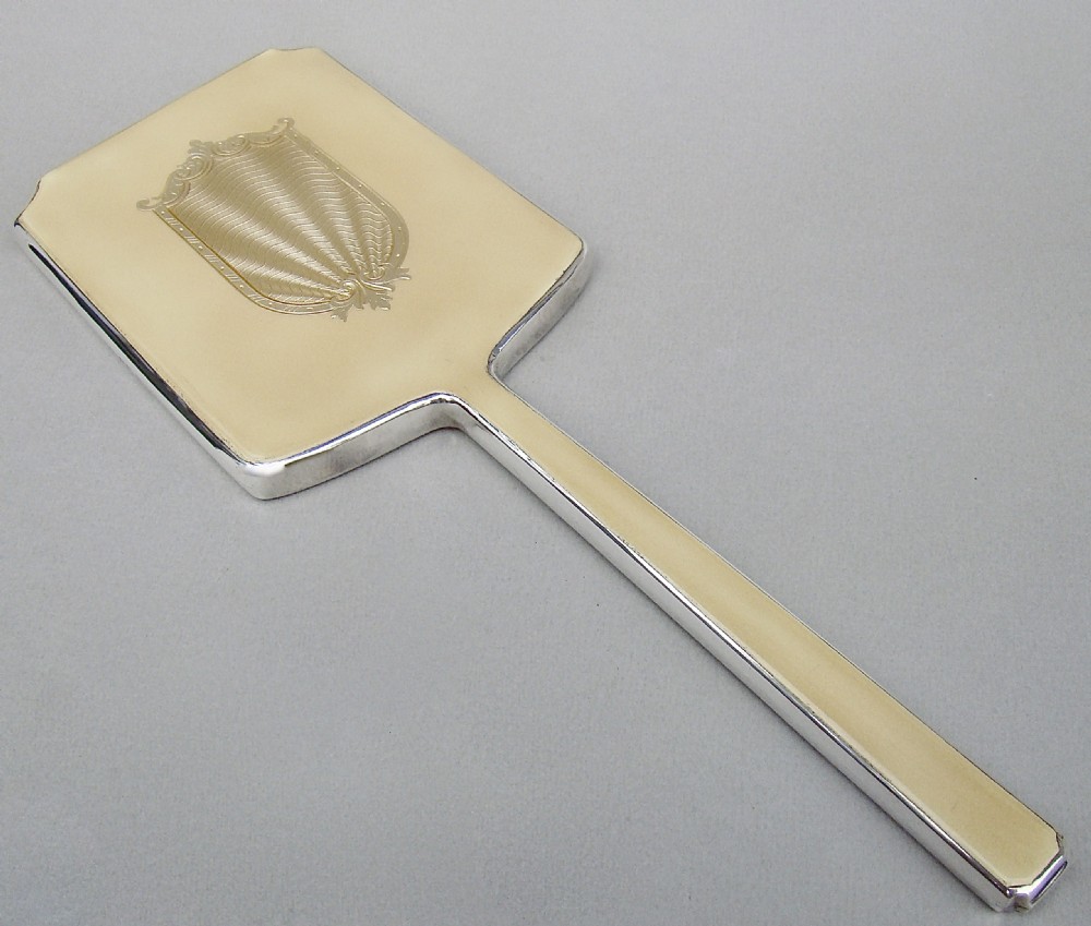 ART DECO SILVER AND CHAMPAGNE COLOUR GUILLOCHE ENAMEL HAND MIRROR BY WILLIAM NEALE BIRMINGHAM 1938
