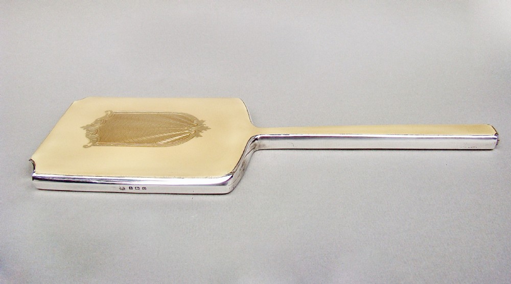ART DECO SILVER AND CHAMPAGNE COLOUR GUILLOCHE ENAMEL HAND MIRROR BY WILLIAM NEALE BIRMINGHAM 1938
 View II