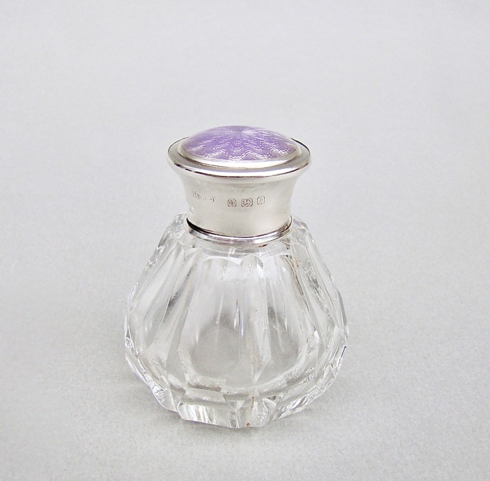 ART DECO SILVER & GUILLOCHE ENAMEL SCENT BOTTLE BY HENRY WILLIAMSON, LONDON 1928