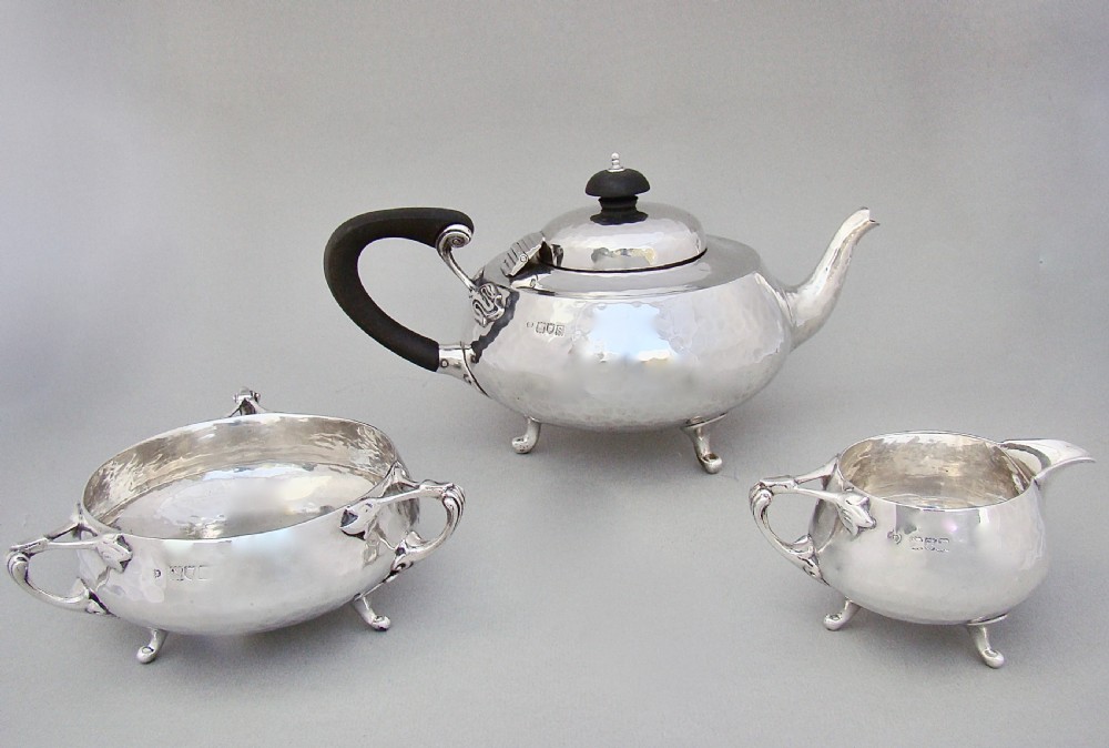 FABULOUS ARTS & CRAFT SPOT-HAMMERED SILVER TEA SERVICE BY CHARLES EDWARD, LONDON 1913