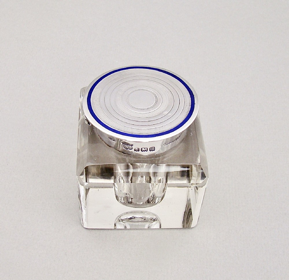 GEORGE V SILVER & ENAMEL GLASS INKWELL BY MAPPIN & WEBB, BIRMINGHAM 1911