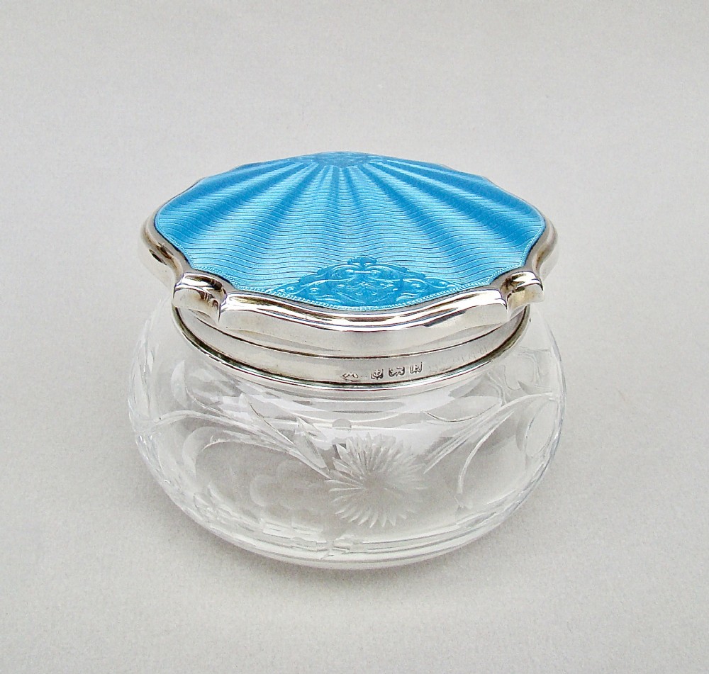 EXQUISITE ART DECO SILVER & GUILLOCHE ENAMEL DRESSING TABLE JAR BY THE ADIE BROTHERS, BIRMINGHAM 1929
