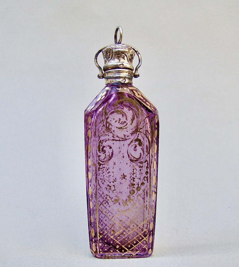 RARE MINIATURE 19TH C. FRENCH SILVER GILT & AMETHYST GLASS CHATELAINE SCENT BOTTLE, CIRCA 1870