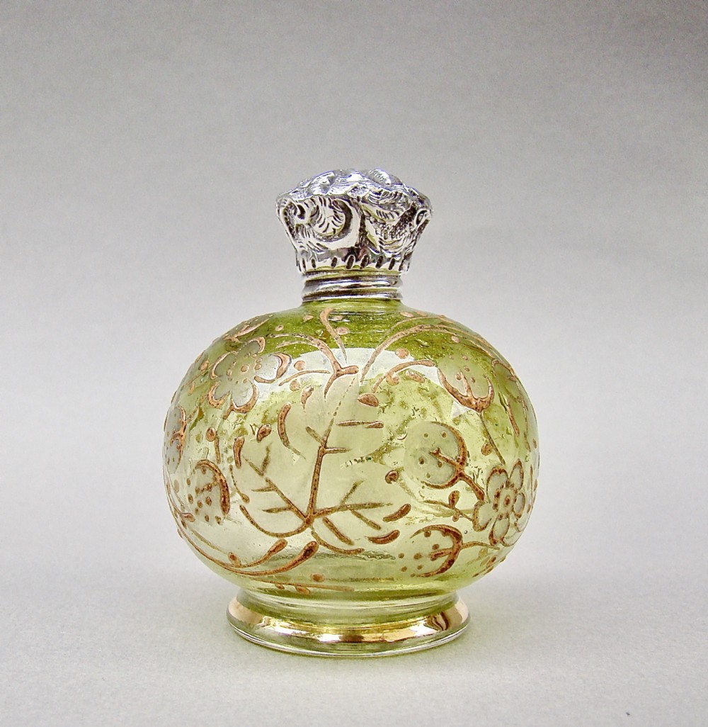 DELIGHTFUL 19TH C. MOSER SILVER MOUNTED GREEN AND GILT GLASS SCENT BOTTLE, CIRCA 1890