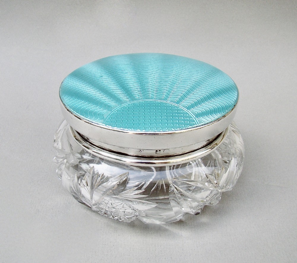 FABULOUS ART DECO SILVER & GUILLOCHE ENAMEL DRESSING TABLE JAR, BIRMINGHAM CIRCA 1920