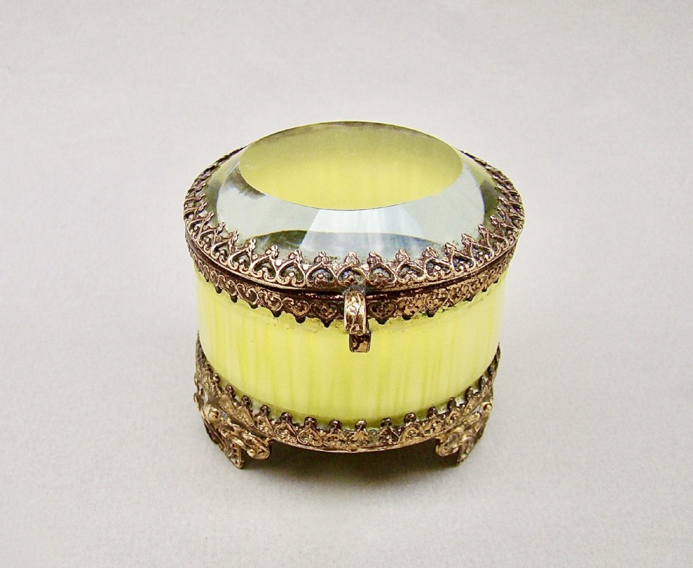 UNUSUAL SMALL 19TH C. FRENCH ORMULU & LIME GREEN GLASS TRINKET BOX, CIRCA 1890
