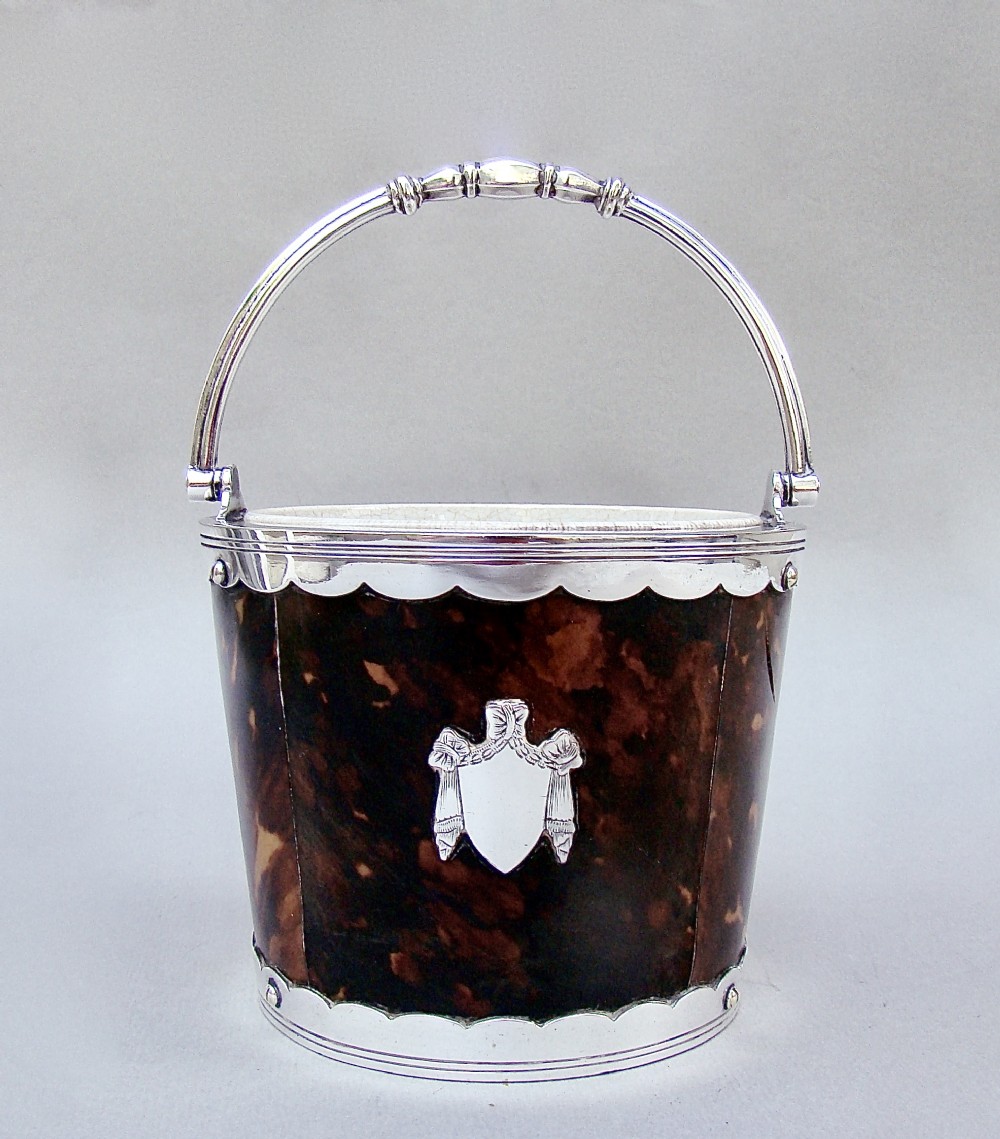 UNUSUAL VICTORIAN SILVER PLATED TORTOISESHELL LINED ICE BUCKET, CIRCA 1890