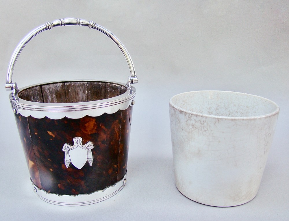 UNUSUAL VICTORIAN SILVER PLATED TORTOISESHELL LINED ICE BUCKET, CIRCA 1890 View IV