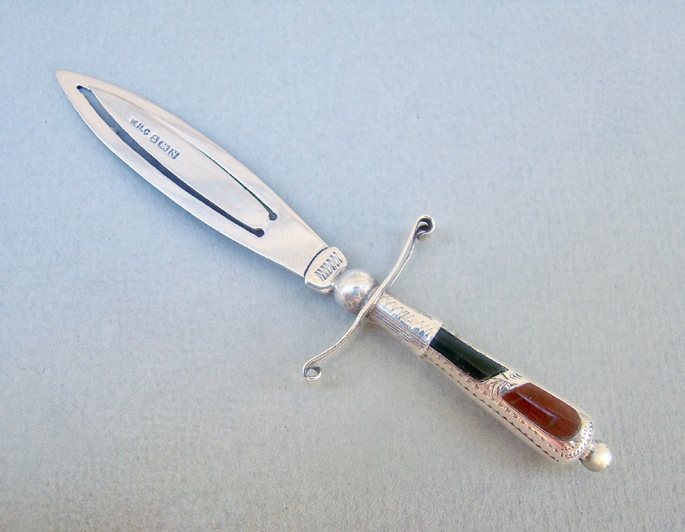 RARE SILVER & SCOTTISH AGATE SWORD SHAPED BOOKMARK BY WILLIAM HENRY COLLINS, BIRMINGHAM 1937