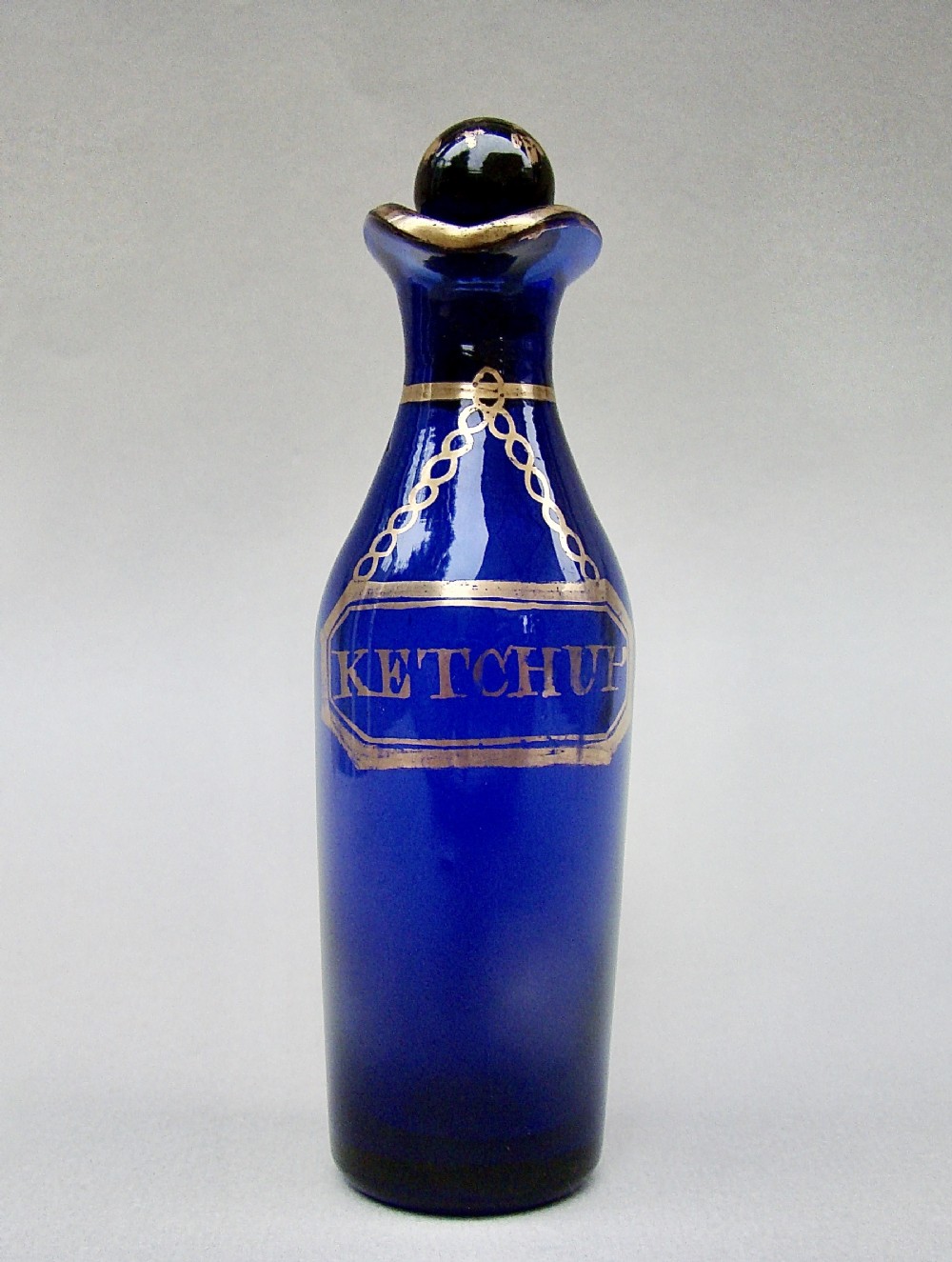 RARE GEORGIAN BRISTOL BLUE GLASS KETCHUP CONDIMENT BOTTLE, CIRCA 1820