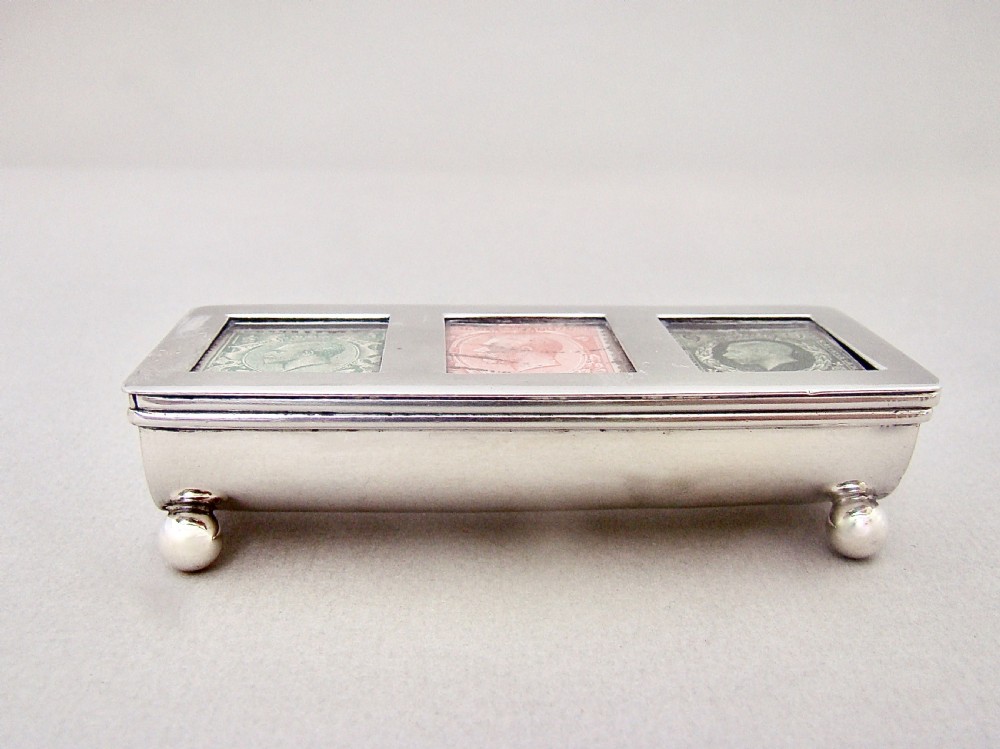 RARE EDWARDIAN SILVER TRIPLE STAMP BOX BY WIlliAM HARRISON WALTER, BIRMINGHAM 1906 View II