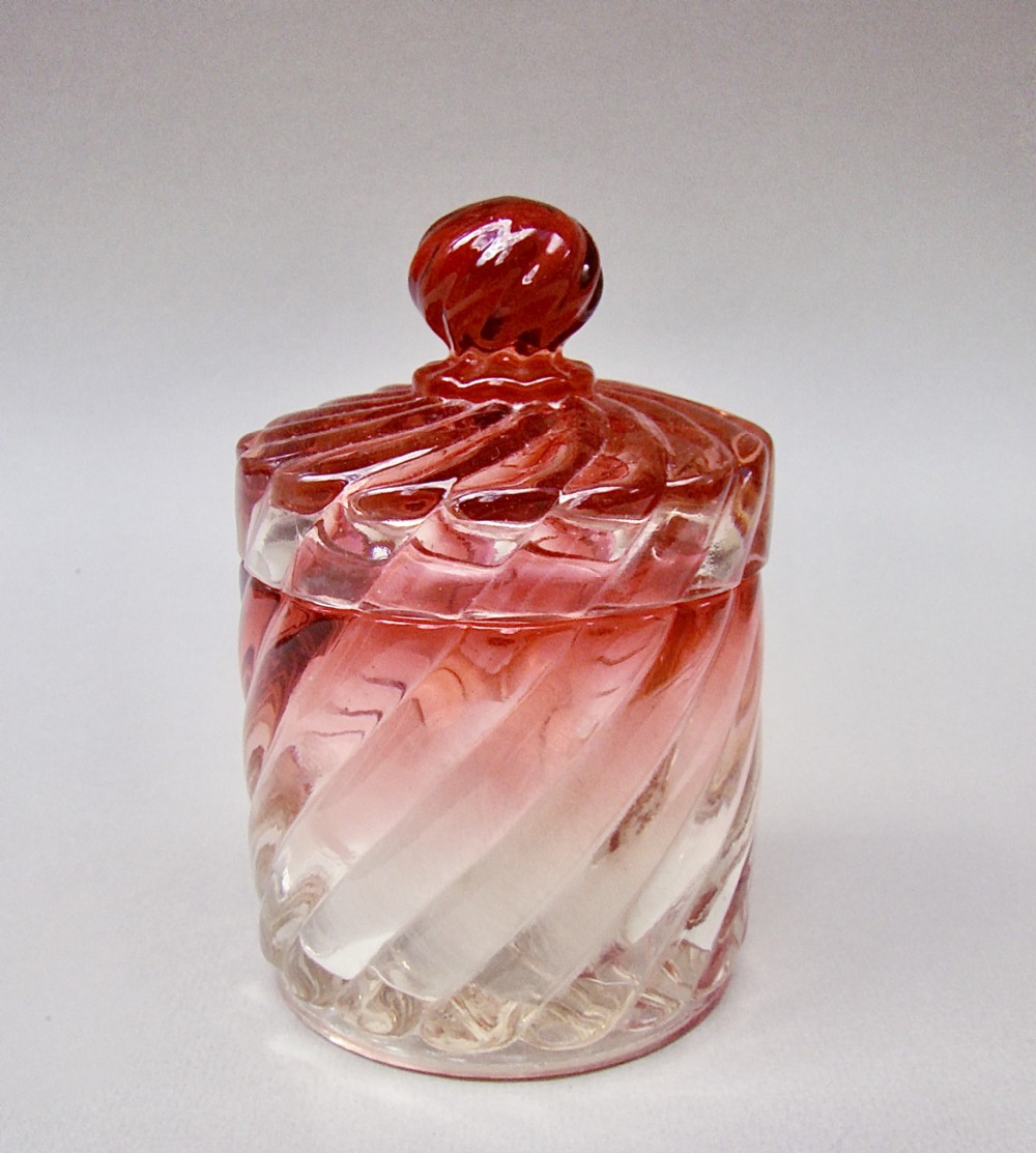 FRENCH BACCARAT BAMBOO PATTERN ROSE TEINTE LIDDED POWDER JAR, CIRCA 1890