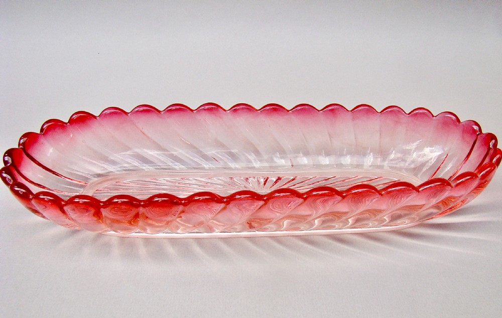 FRENCH BACCARAT BAMBOO PATTERN ROSE TEINTE LARGE DRESSING TABLE DISH, CIRCA 1890