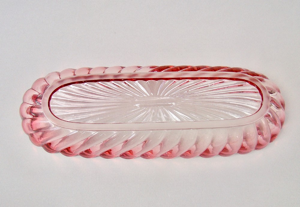 FRENCH BACCARAT BAMBOO PATTERN ROSE TEINTE LARGE DRESSING TABLE DISH, CIRCA 1890 View V