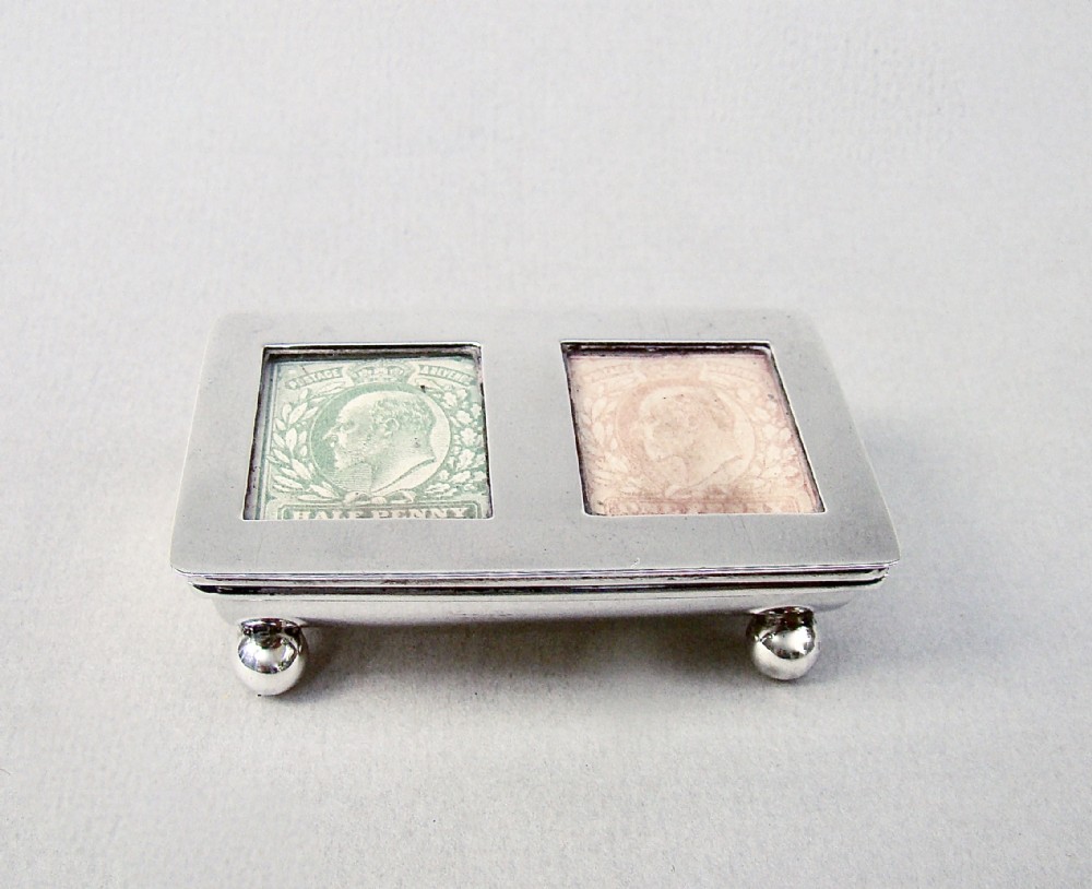 EDWARDIAN SILVER DOUBLE TROUGH-SHAPED STAMP BOX , BIRMINGHAM 1907
