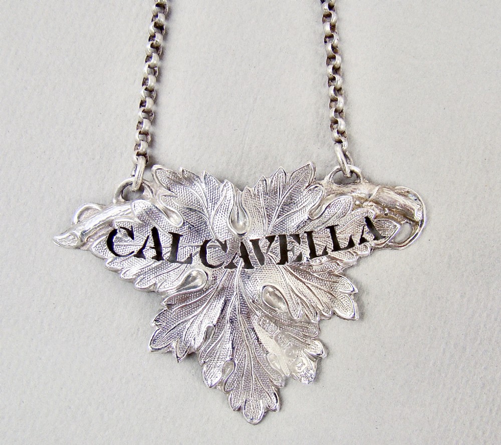EARLY VICTORIAN SILVER VINE LEAF WINE LABEL FOR CALCAVELLA BY GEORGE UNITE, BIRMINGHAM 1846
