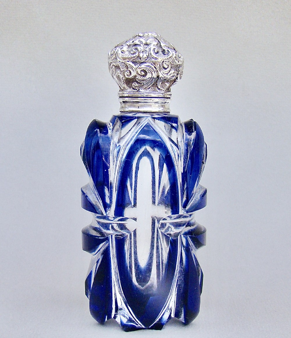 LARGE VICTORIAN SILVER AND BRISTOL BLUE OVERLAY BOHEMIAN GLASS SCENT BOTTLE , CIRCA 1890