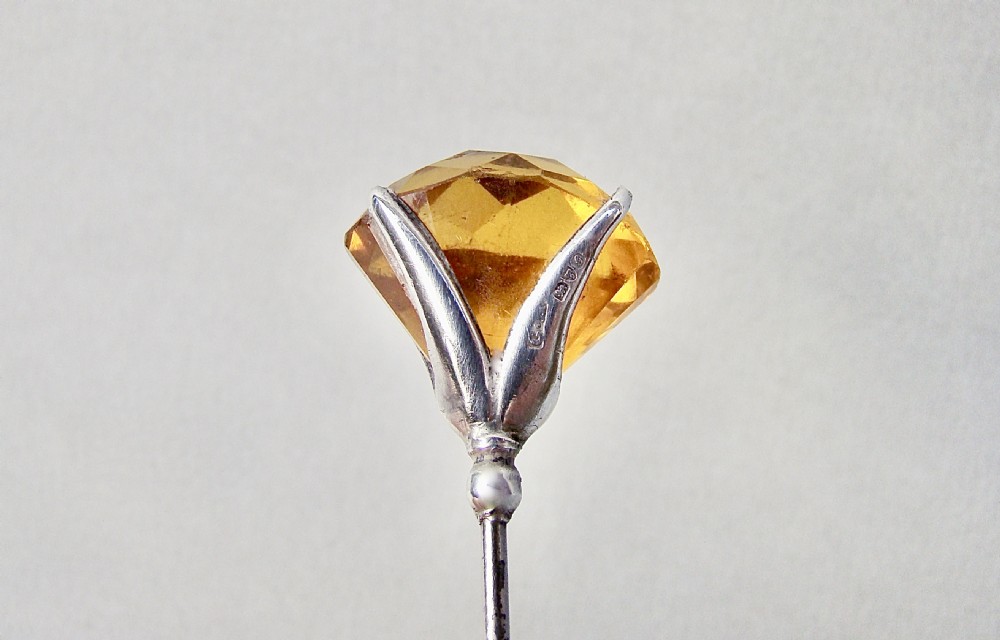 UNUSUAL EDWARDIAN SILVER & AMBER GLASS HAT PIN BY CHARLES HORNER, CHESTER 1907 View IV