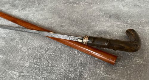 MALACCA SWORD STICK WITH ETCHED TOLEDO BLADE AND BUTTON RELEASE - ADDITIONAL PHOTO 4