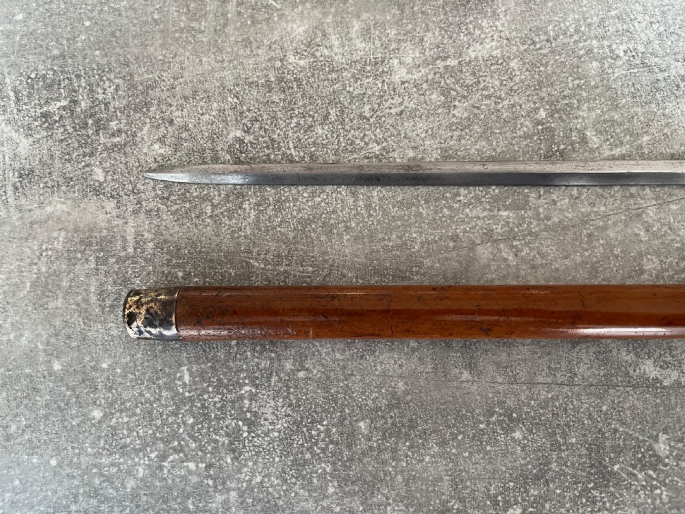 An antique malacca wood sword stick featuring a curved horn handle, decorative brass collar with push button release, and an etched steel Toledo blade. View VII