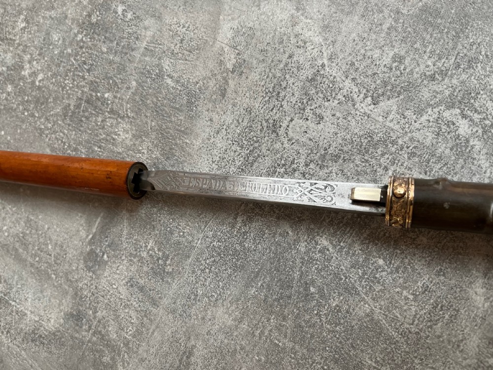 An antique malacca wood sword stick featuring a curved horn handle, decorative brass collar with push button release, and an etched steel Toledo blade. View XI