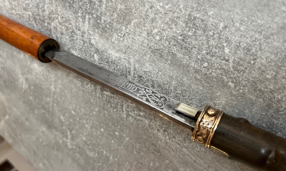 An antique malacca wood sword stick featuring a curved horn handle, decorative brass collar with push button release, and an etched steel Toledo blade. View XII