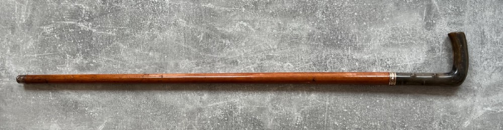An antique malacca wood sword stick featuring a curved horn handle, decorative brass collar with push button release, and an etched steel Toledo blade. View XIV