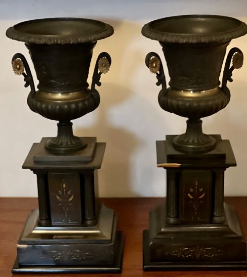 Antique Pair of French Bronze & Marble Urns