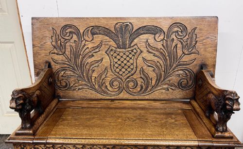 ANTIQUE CARVED OAK MONKS BENCH HALL SEAT - ADDITIONAL PHOTO 1