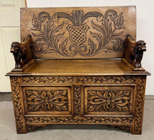 ANTIQUE CARVED OAK MONKS BENCH HALL SEAT - ADDITIONAL PHOTO 2