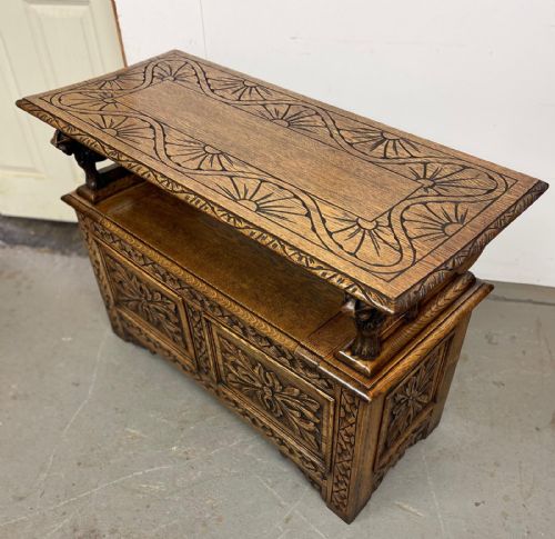 ANTIQUE CARVED OAK MONKS BENCH HALL SEAT - ADDITIONAL PHOTO 3