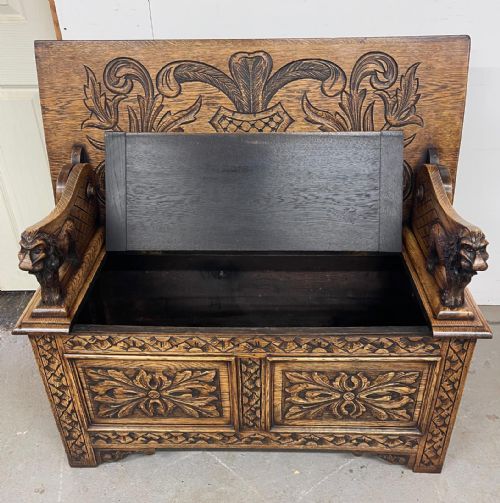 ANTIQUE CARVED OAK MONKS BENCH HALL SEAT - ADDITIONAL PHOTO 5