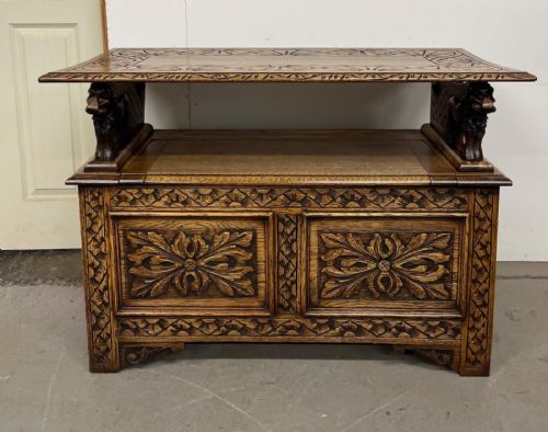 ANTIQUE CARVED OAK MONKS BENCH HALL SEAT - ADDITIONAL PHOTO 6
