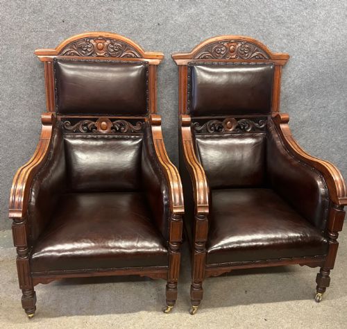 PAIR OF ANTIQUE WALNUT LEATHER ARMCHAIRS - ADDITIONAL PHOTO 7