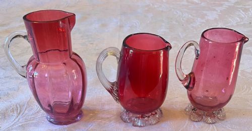 3 Small Antique Cranberry Glass Jugs