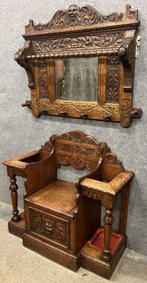 ANTIQUE CARVED OAK HALL STAND - ADDITIONAL PHOTO 1