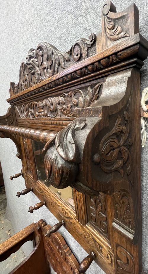 ANTIQUE CARVED OAK HALL STAND - ADDITIONAL PHOTO 15