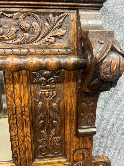 ANTIQUE CARVED OAK HALL STAND - ADDITIONAL PHOTO 9