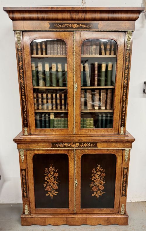 SUPERB VICTORIAN WALNUT MARQUETRY INLAID BOOKCASE