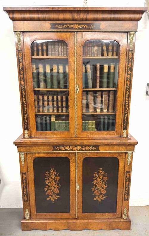 SUPERB VICTORIAN WALNUT MARQUETRY INLAID BOOKCASE - ADDITIONAL PHOTO 1
