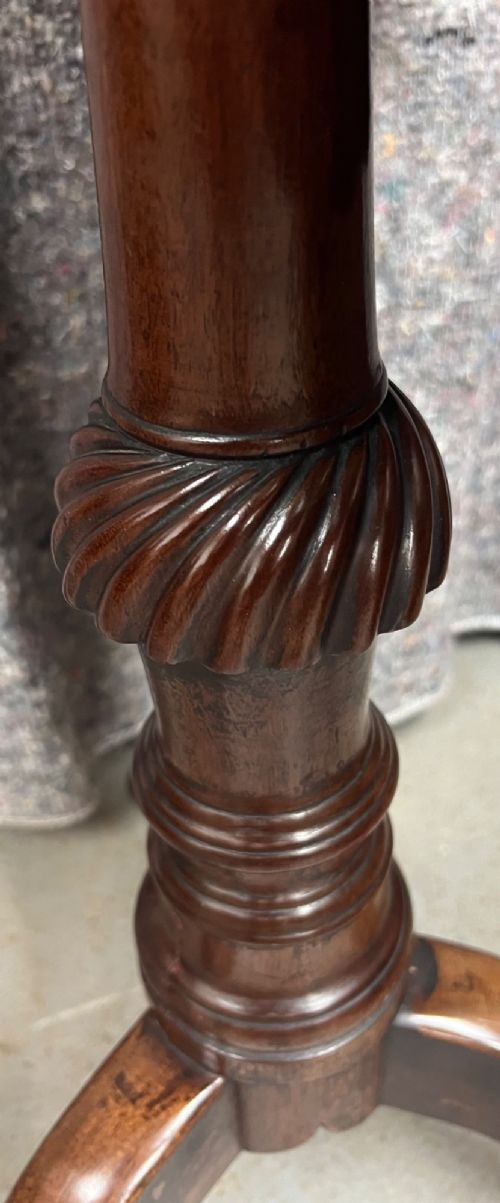 A George III mahogany tripod table featuring a scalloped piecrust rim, an inlaid chessboard top, a turned pedestal, and three cabriole legs. View IX