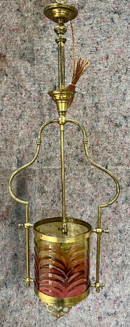Unusual Antique Brass & Glass Hanging Light