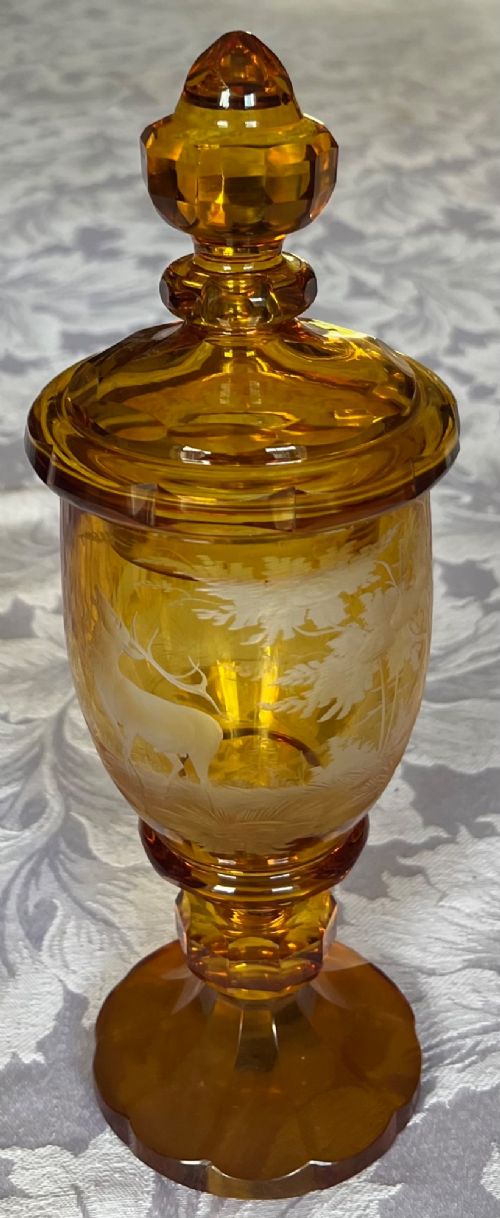 Beautiful Bohemian Engraved & Cut Glass Vase & Cover
