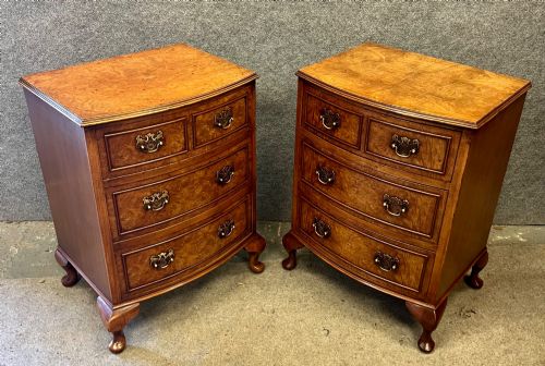 Pair of Bow Fronted Walnut Bedside Chests of Drawers